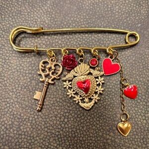 New valentine Gold and Red Heart Charm Brooch